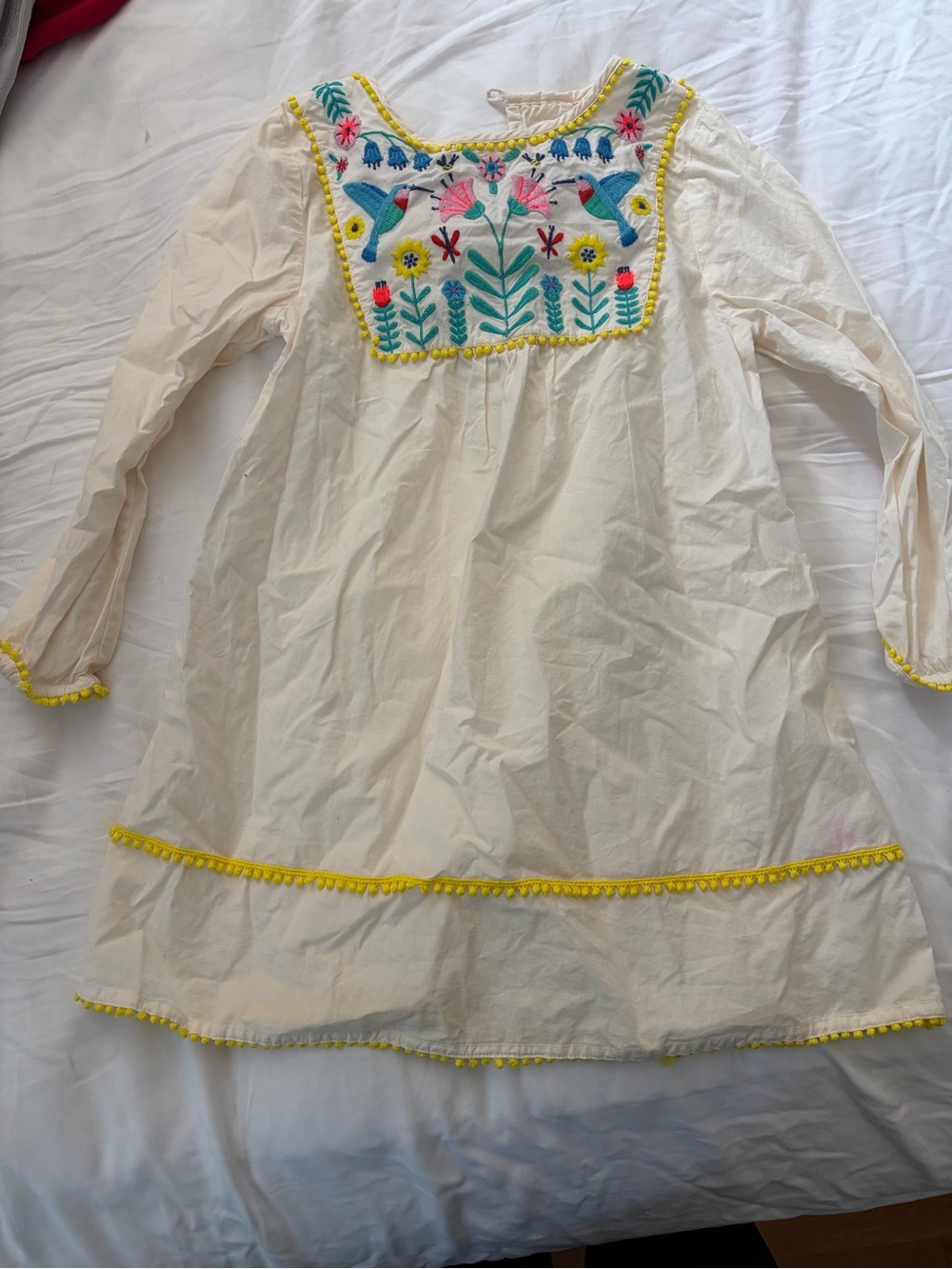 Mini Boden Cream Shift Dress with Bright Floral & Bird Embroidery